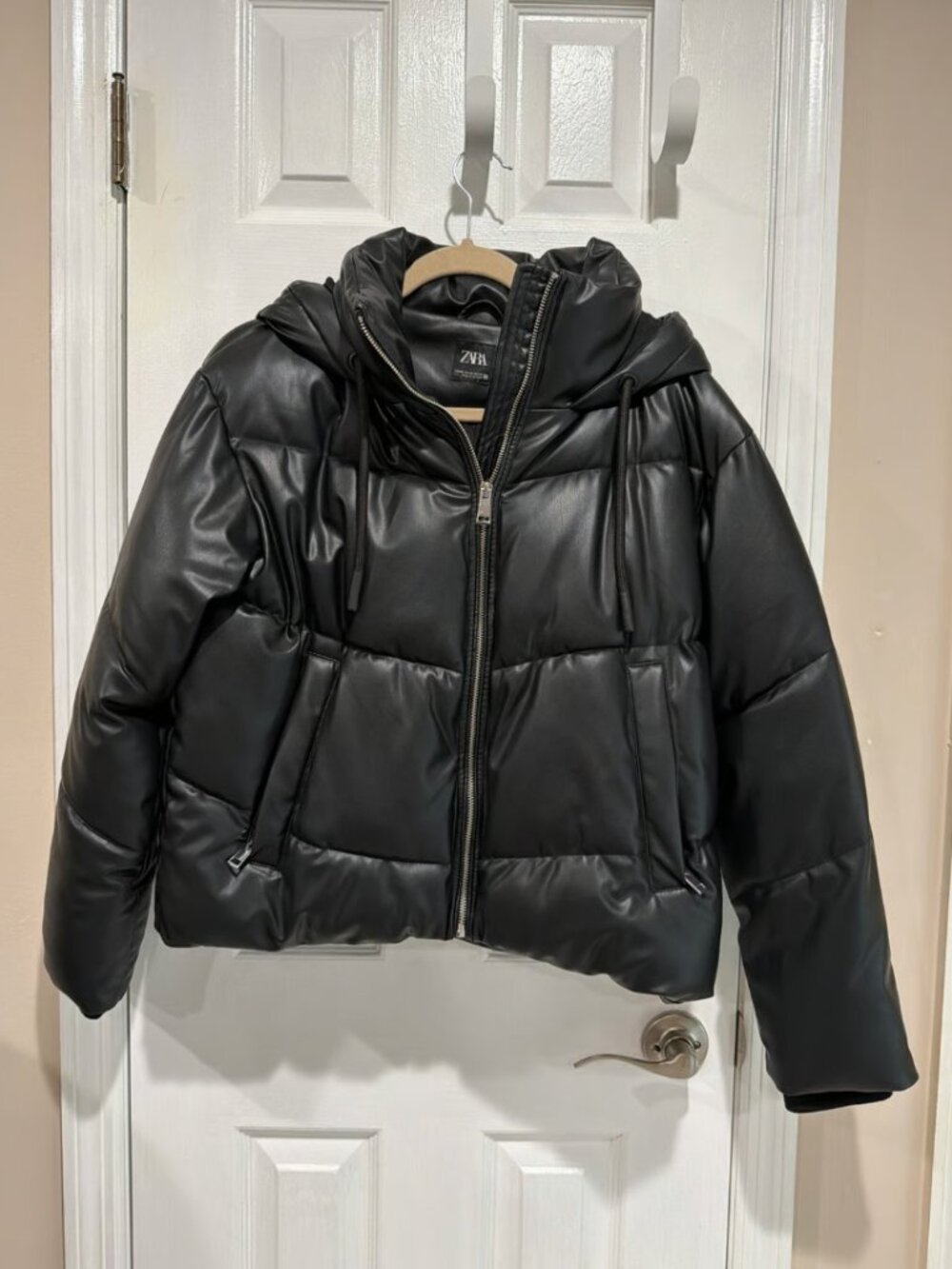 Women’s Zara Black Faux Leather Hooded Puffer Jacket